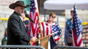 In this April 3, 2021 file photo Ammon Bundy speaks to a crowd of about 50 followers in front of the Ada County Courthouse, in downtown Boise.