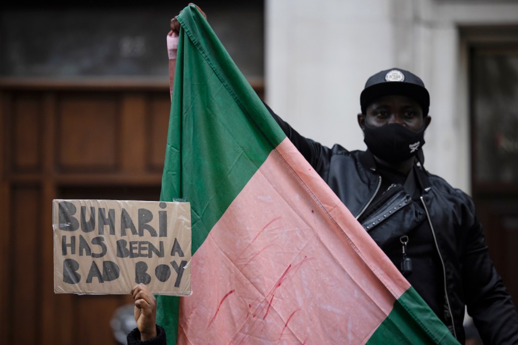 Protesters hold placards and flags calling for the end of police killings of the public in Nigeria​.