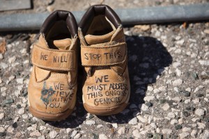 Shoes honouring the 215 children found at former Kamloops Indian Residential School