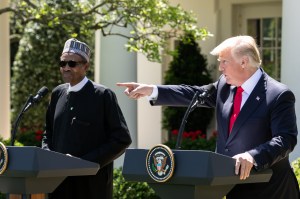 U.S. President Donald Trump (R), and President Muhammadu Buhari of the Federal Republic of Nigeria hold a joint press conference in the Rose Garden of the White House in Washington, D.C., on Monday, April 30, 2018.