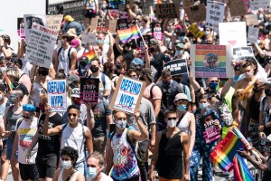 Atmosphere at queer liberation march and rally for black lives and against police brutality at Foley Square in New York, June 28, 2020.