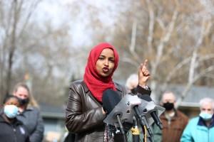 Representative Ilhan Omar, a Democrat from Minnesota, speaks during a press conference near the site of Daunte Wright's death in Brooklyn Center, Minnesota, U.S., on Tuesday, April 20, 2021. (Emilie Richardson/Bloomberg via Getty Images​)