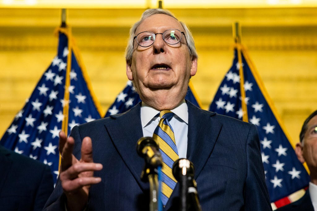 Senate Minority Leader Mitch McConnell (R-KY) speaks during a press conference following the Republicans policy luncheon in the Russell Senate Office Building on June 8, 2021 in Washington, DC.