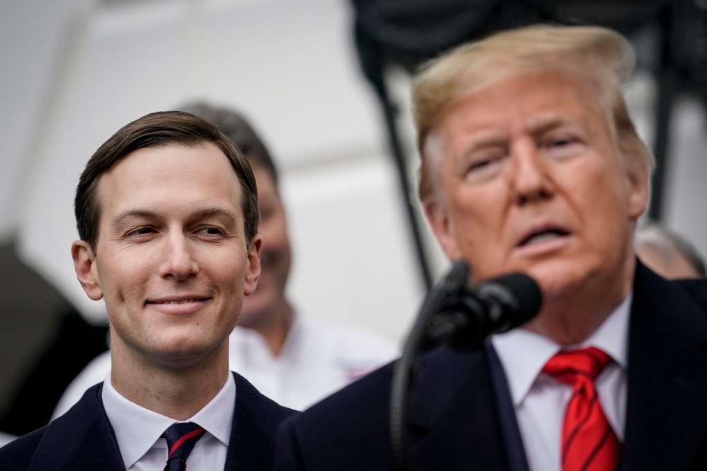 Senior Advisor Jared Kushner looks on as U.S. President Donald Trump speaks before signing the United States-Mexico-Canada Trade Agreement (USMCA) during a ceremony on the South Lawn of the White House on January 29, 2020 in Washington, DC.