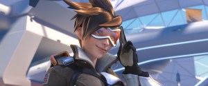 Overwatch's Tracer, saluting the camera.