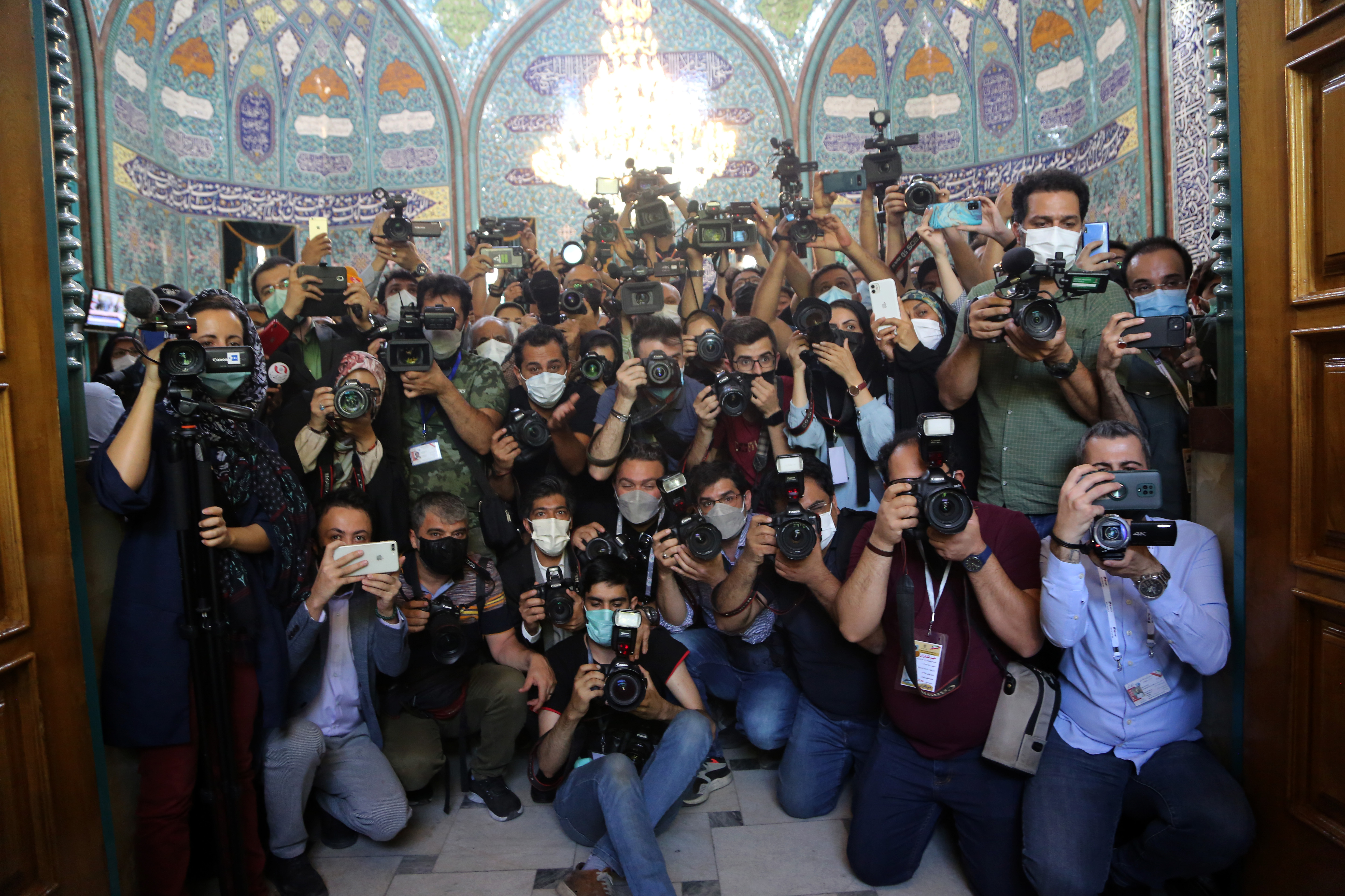 Journalists accredited to cover the presidential election assemble at Ershad Mosque in Tehran on election day. Photo: Fatemeh Bahrami/Anadolu Agency via Getty Images