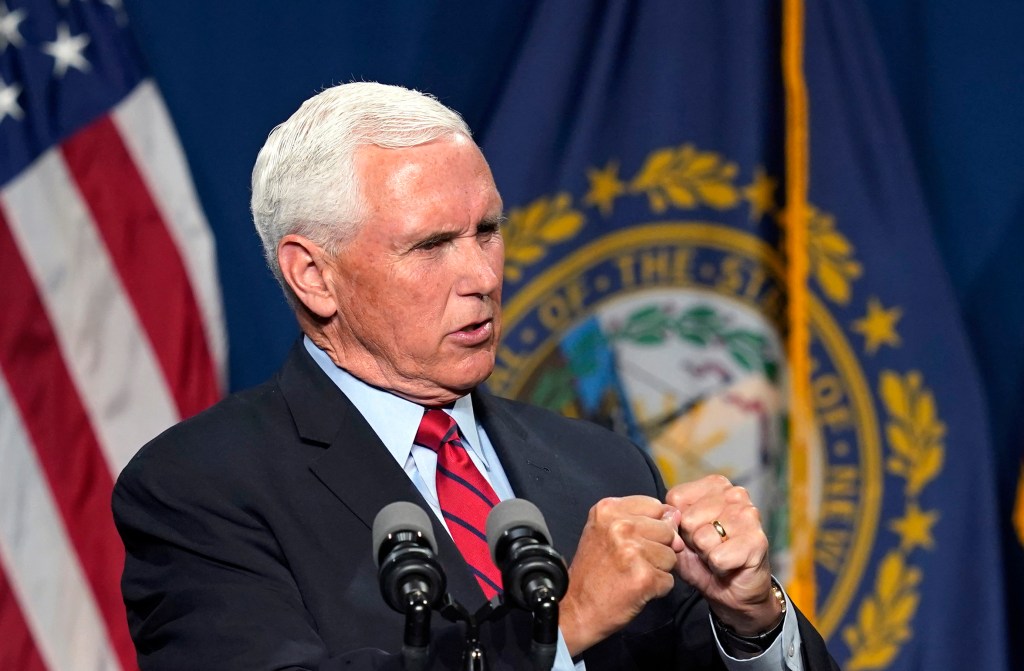 Former Vice President Mike Pence speaks at the annual Hillsborough County NH GOP Lincoln-Reagan Dinner, Thursday, June 3, 2021, in Manchester, N.H.