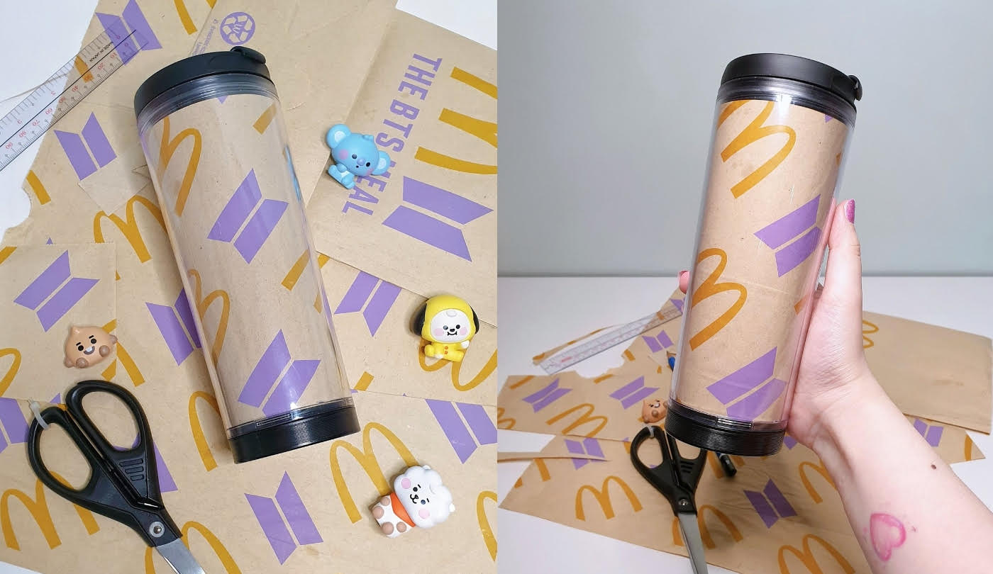 Riz So cut out pieces from The BTS Meal paper bag to decorate her tumbler. Collage: VICE / Images: Riz So