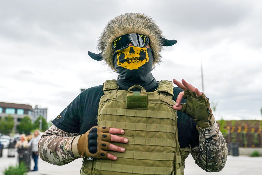 A Proud Boy provides security at a 2nd Amendment rally on May 1, 2021 in Salem, Oregon. (Photo by Nathan Howard/Getty Images)