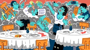 an illustration by John P. Dessereau of wild behavior in a restaurant including a drinking chef and a kissing couple