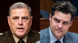 Left: General Mark A. Milley, chairman of the Joint Chiefs of Staff, at the House Armed Services Committee hearing in Rayburn Building in Washington, D.C., on Wednesday, June 23, 2021. Right: Rep. Matt Gaetz, R-Fla., at that same House Armed Services Comm