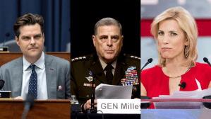 ​From left to right, Rep. Matt Gaetz, Gen. Mark Milley, Fox host Laura Ingraham.