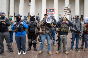 Boogaloo Bois speak during an armed protest at the Ohio Statehouse ahead of the inauguration of President-elect Joe Biden in the wake of the Coronavirus COVID-19 pandemic, Sunday, January 17th, 2021, in Columbus, Ohio, United States.