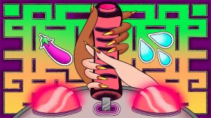 suggestive illustration of two hands massaging a video game joystick to show how to give a handjob