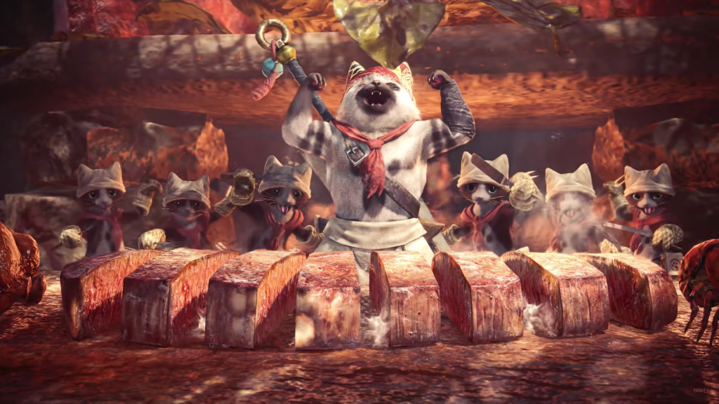 The Meowscular Cheft from Monster Hunter World cooks come steak.