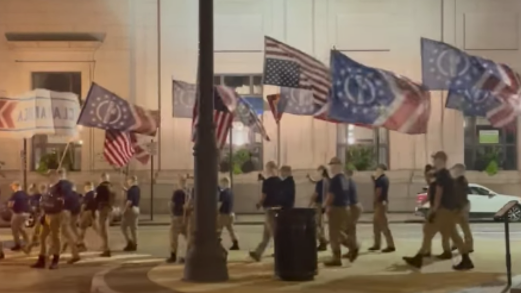 ​A still shot of video taken from Patriot Front's flash rally in Philadelphia on the night of July 3.