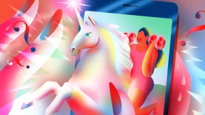 illustration of a woman riding a unicorn through a smartphone screen