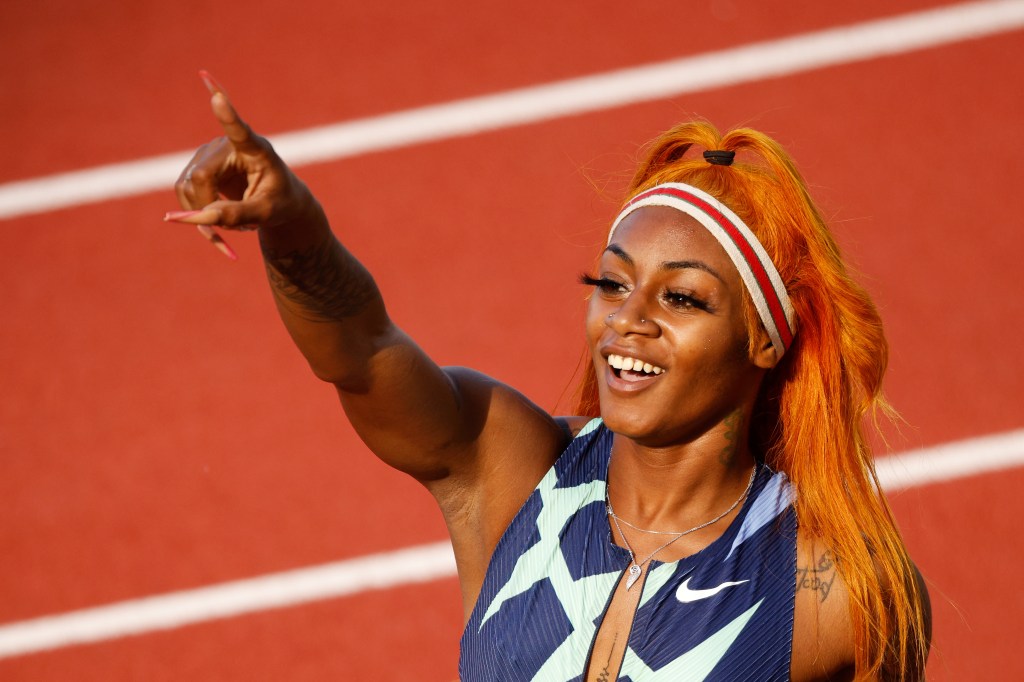 Sha'Carri Richardson reacts after competing in the Women's 100 Meter Semi-finals on day 2 of the 2020 U.S. Olympic Track & Field Team Trials at Hayward Field on June 19, 2021 in Eugene, Oregon.