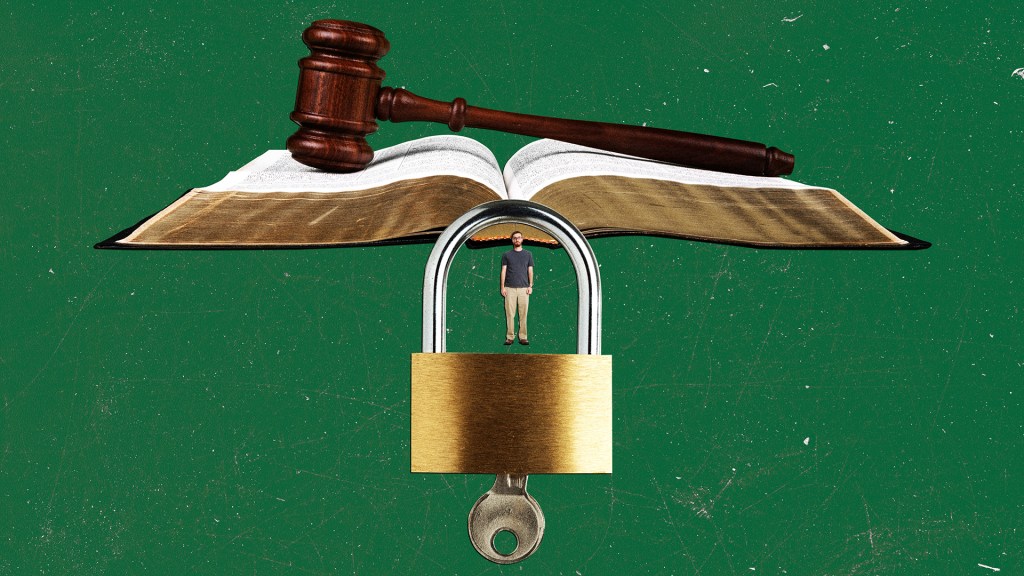 a man inside a padlock with a gavel and book