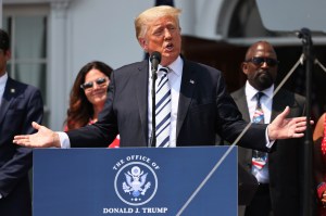 Former U.S. President Donald Trump speaks during a press conference announcing a class action lawsuit against big tech companies at the Trump National Golf Club Bedminster on July 07, 2021 in Bedminster, New Jersey. (Michael M. Santiago/Getty Images)