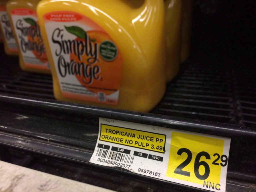 Food insecurity is a problem all across the North. The image shows a $26.29 price tag for a jug of orange juice at a grocery store in Iqaluit, Nunavut, on December 8, 2014.