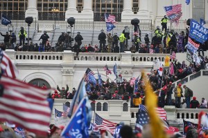 Supporters of President Donald Trump take over balconies and inauguration scaffolding at the United States Capitol on Wednesday January 06, 2021 in Washington, DC.