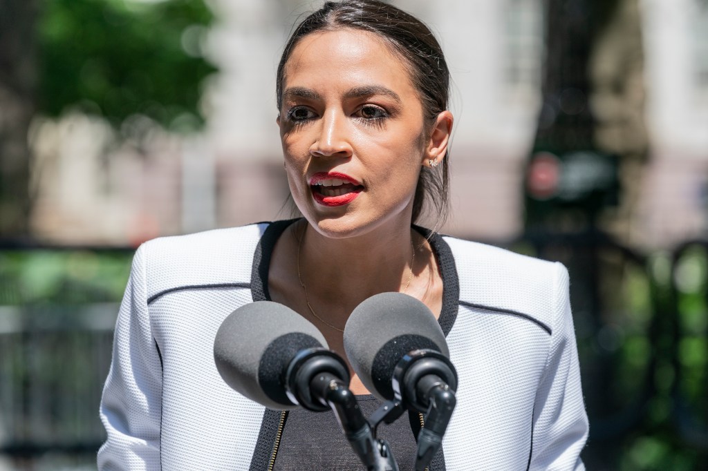 021/06/05: U. S. Representative Alexandria Ocasio-Cortez speaks at the rally where she endorsed progressive candidates in upcoming election for city wide offices in City Hall Park. (Photo by Lev Radin/Pacific Press/LightRocket via Getty Images)