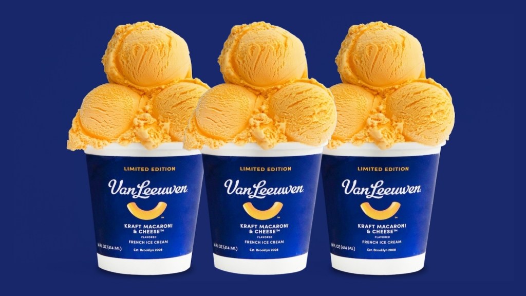 three pints of bright orange kraft mac and cheese ice cream from van leeuwen