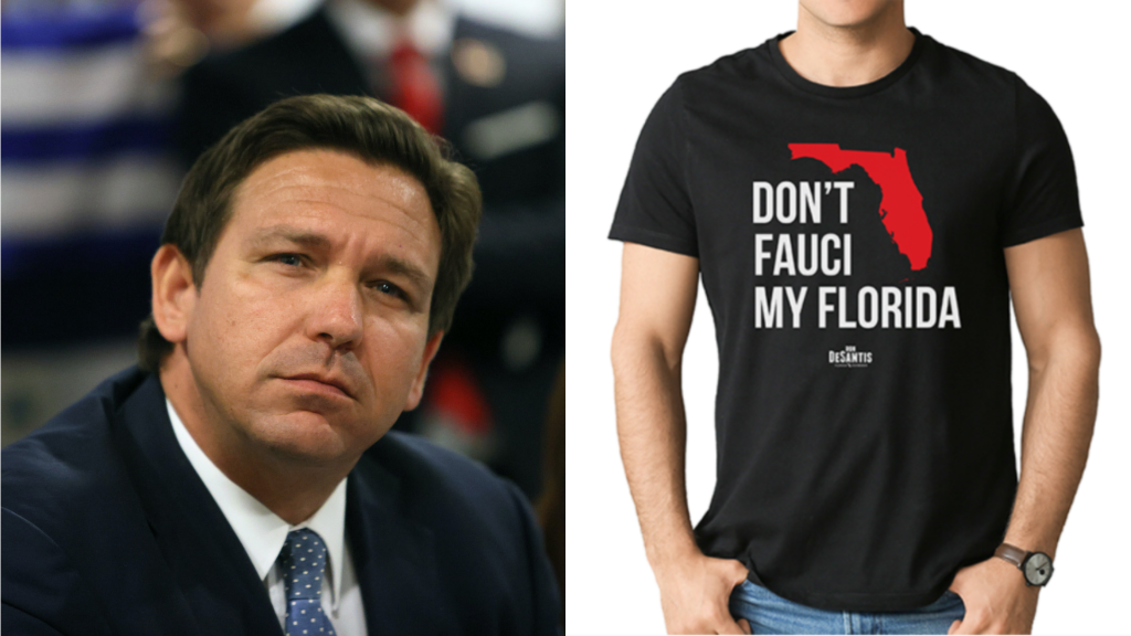 Florida Gov. Ron DeSantis (L) takes part in a roundtable discussion about the uprising in Cuba on July 13, 2021 in Miami, Florida, and a t-shirt (R) from his campaign website.