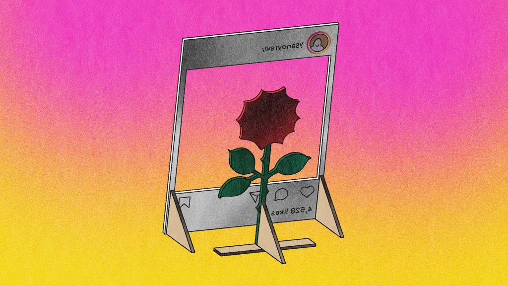 a cutout of a flower in an instagram frame against a pink and orange sky