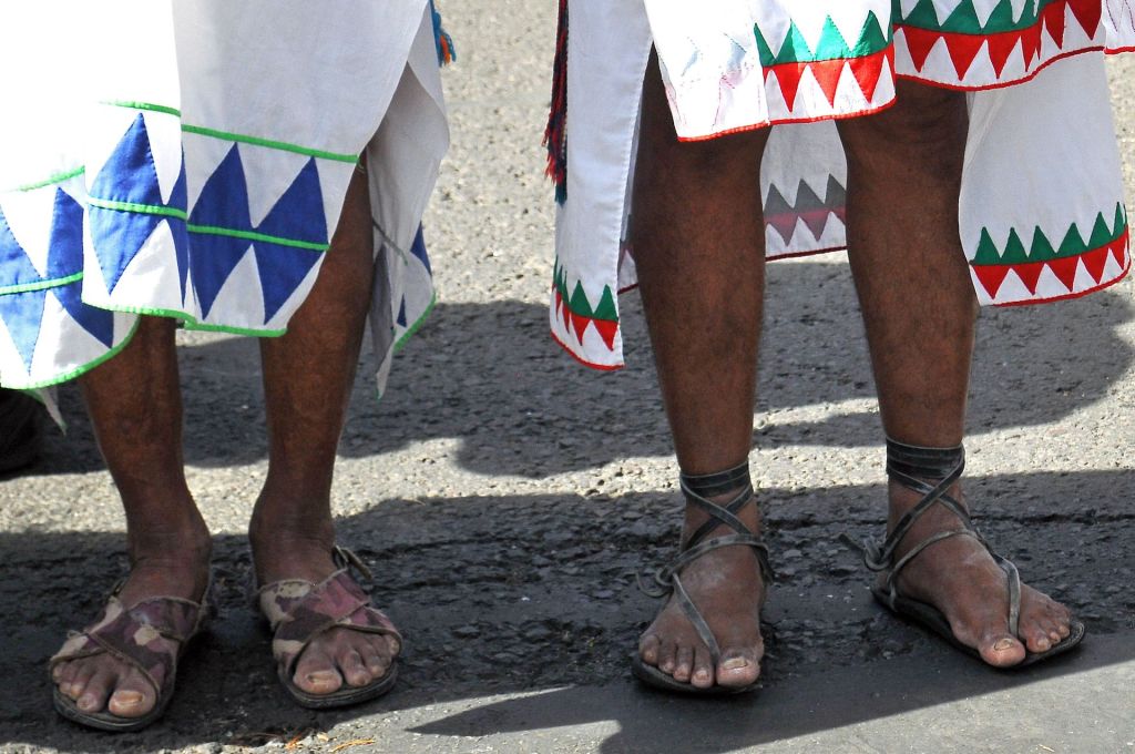 Detail of shoes used by members of the Raramuri community marching during the "Caravan of Dignity" in Mexico City, on February 04, 2018.