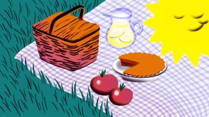 gently smiling sun overlooking a picnic blanket with tomatoes, pie, and lemonade