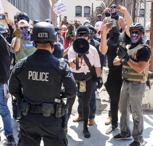 Suspected Proud Boys, antifascists and cops violently clashed near the Wi Spa for the second time in a month. Photo via Nick Stern