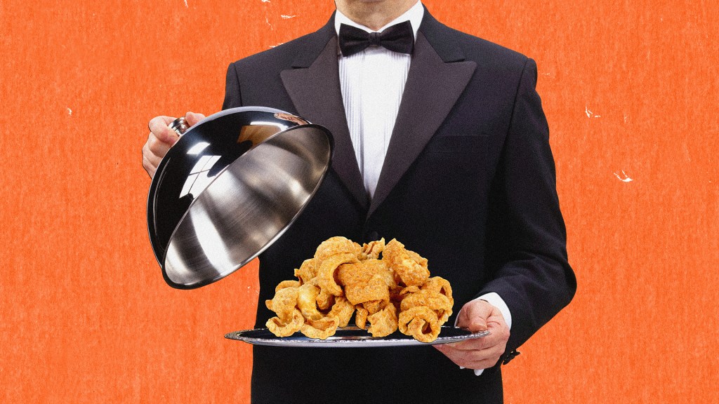 a collage of a person in a suit presenting pork rinds on a silver platter