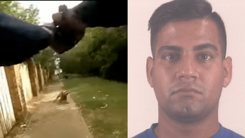 Left: Still from bodycam footage of police shooting incident Aug. 1, 2019, in Arlington, Texas; (right) Mugshot of Arlington Police Officer Ravinder Singh