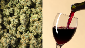 ​Closeup of California medical cannabis buds, and red wine.