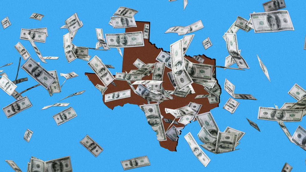 A photo collage showing the state of Texas against a blue background, with dollar bills falling from the sky