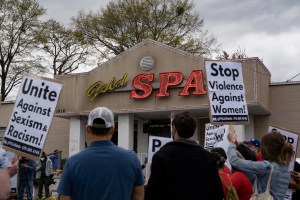 Activists demonstrate outside Gold Spa following Tuesday night's shooting where three women were gunned down on March 18, 2021 in Atlanta, Georgia.