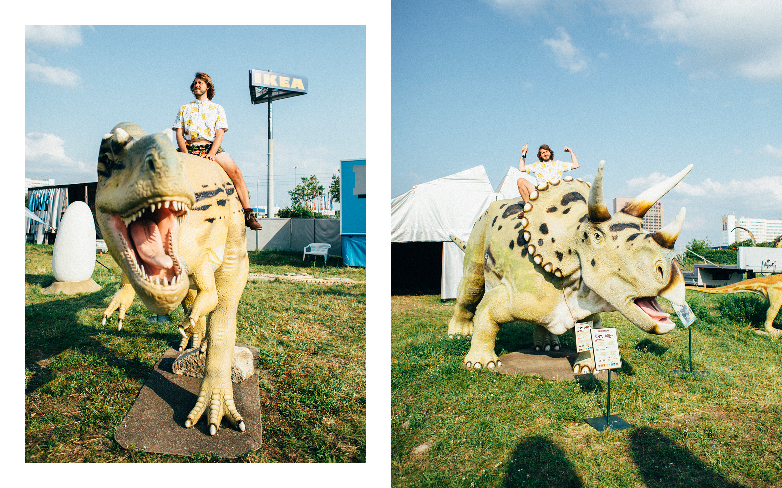 Vice-Autor Robert Hofmann in der Ausstellung Dinosaurier im Reich der Urzeit auf dem Rücken eines Dinosauriers