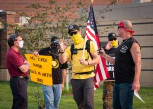 Proud Boys showed up to the Nashua School Board meeting this week to protest anti-racist education. Photo by Shannon Burstein