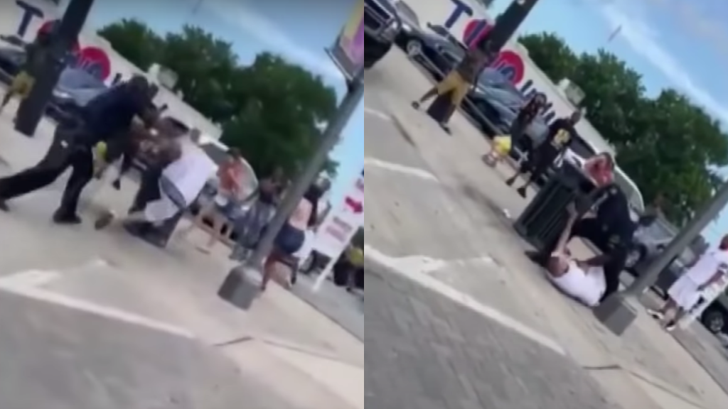 Screenshots of bystander video showing a member of the Dallas Police Department shoving a man into a lamp pole.