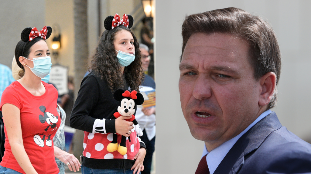 Disney guests wear face masks in Buena Vista, Fla. to help curb the spread of COVID-19 (L) and Florida Gov. Ron DeSantis (R) speaks at a news conference in Miami.