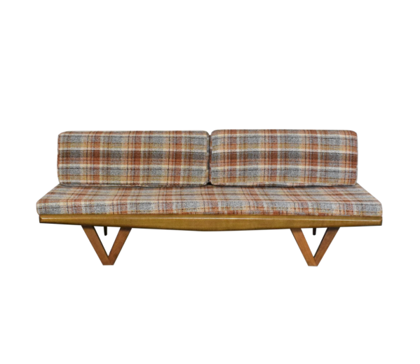 Plaid Mid Century Modern Platform Sofa