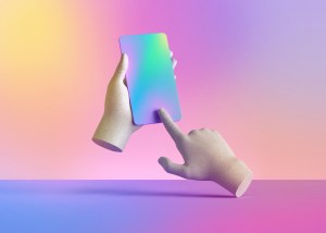 Phone call anxiety – disembodied hands holding a smartphone. Background + smartphone screen: pastel gradient of yellow, blue, purples and pinks.