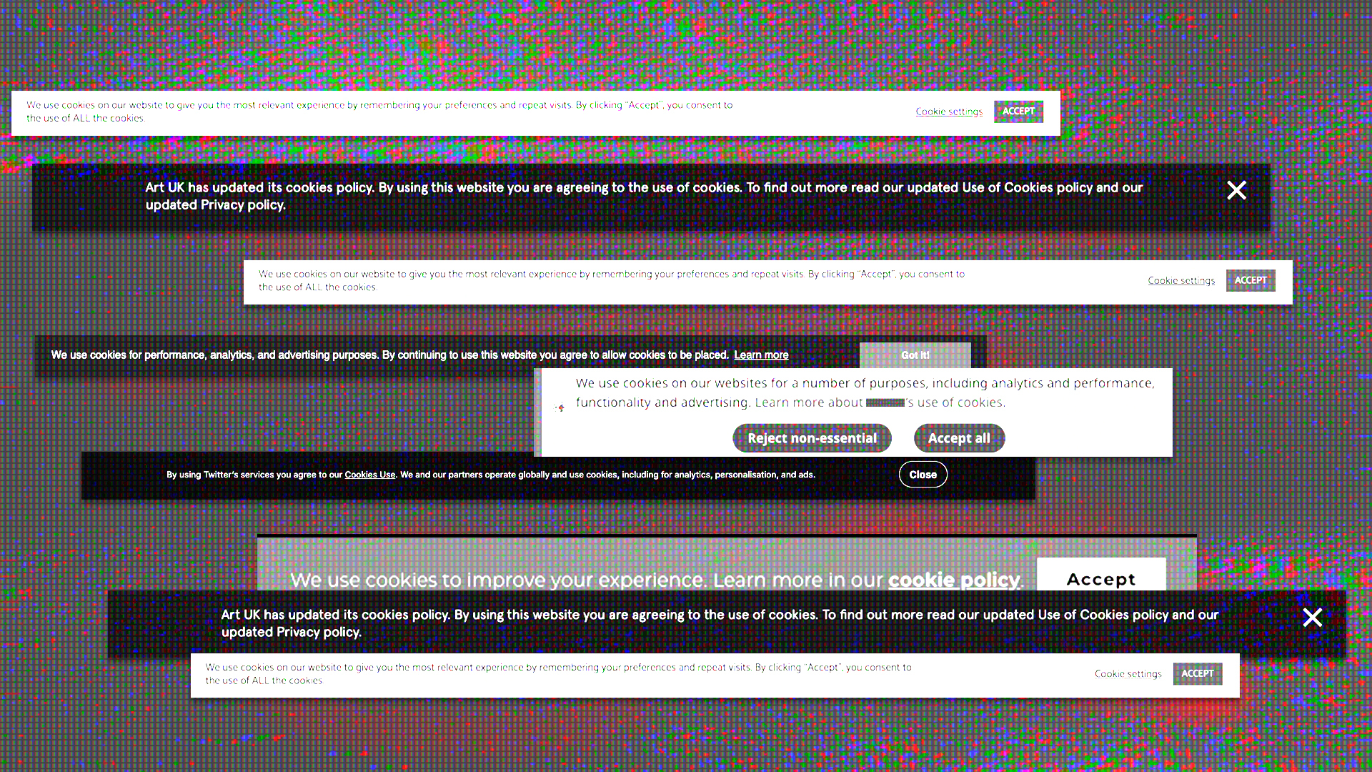 Cookie consent banners – collage of simple one or two-line banners placed at the bottom of the screen.