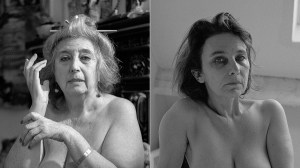 Two black and white photos of women looking toward the camera naked.