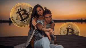 An unhappy couple surrounded by Bitcoin