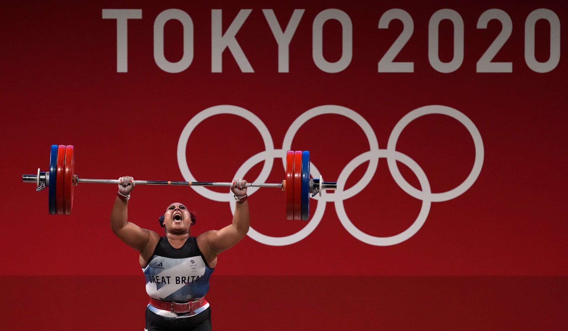 Great Britain's Emily Campbell celebrates taking silver. Photo: Martin Rickett/PA Images via Getty Images