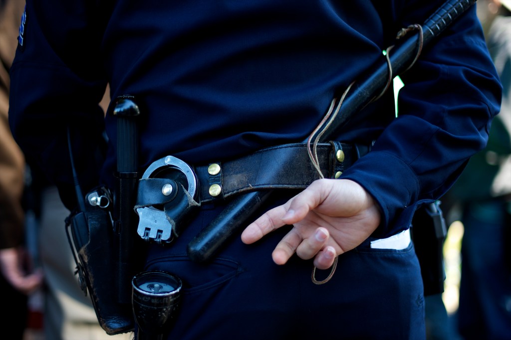 A police officer stands in advance of the second Presidential Debate between Barack Obama and Mitt Romney at Hofstra University in Hempstead, NY on October 16, 2012.