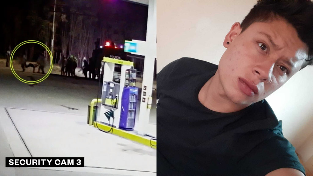 ​Left: Screenshot of surveillance footage showing police officers in Colombia dragging Elvis Vivas. Right: Elvis Vivas, a 24-year-old factory worker and aspiring actor. (Photo courtesy of his family)